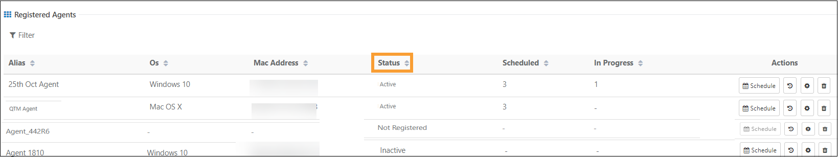 Screenshot of the Registered Agents list in QMetry showing multiple agents with details such as alias, operating system (Windows, Mac OS X), MAC address, status (Active, Not Registered, Inactive), schedules, and actions.