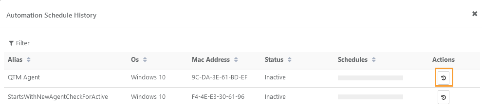 Screenshot of the Automation Schedule History window in QMetry showing a list of agents with columns for alias, OS, MAC address, status, schedules, and actions. The Actions column includes a history icon for viewing schedule history.