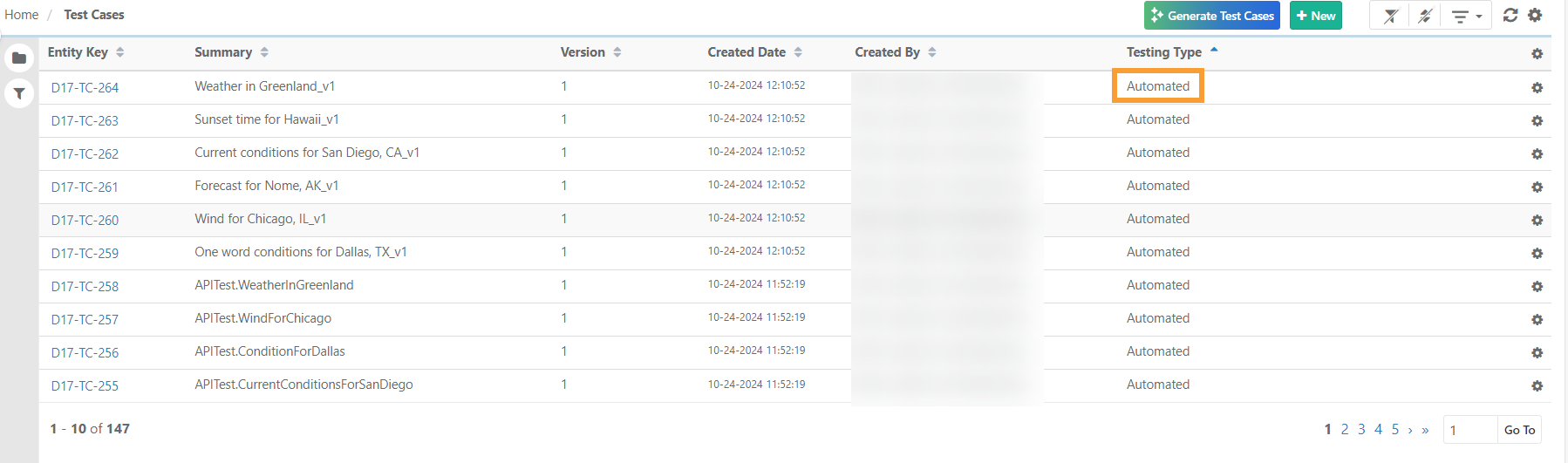 Screenshot of the Test Cases page in QMetry showing a list of test cases with details such as entity key, summary, version, created date, created by, and testing type marked as Automated.