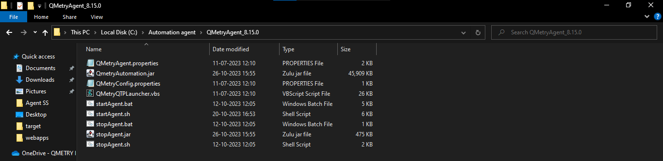 Screenshot of the extracted QMetry Automation Agent folder (QMetryAgent_8.15.0) in Windows File Explorer showing configuration files, JAR files, batch files, shell scripts, and VBScript launcher.