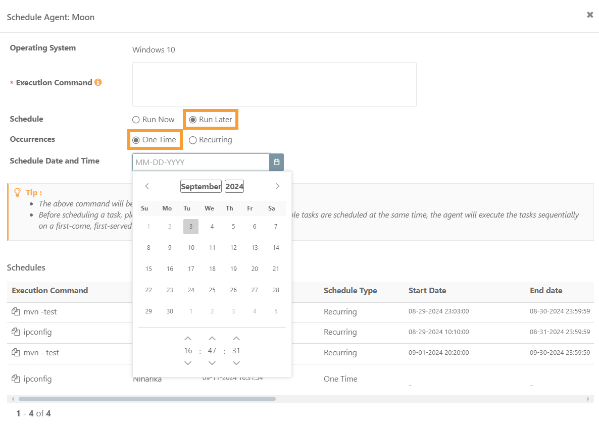 Screenshot of the Schedule Agent window in QMetry showing the “Run Later” option with occurrence set to “One Time” and a date-time picker for scheduling execution. The schedules list below shows recurring and one-time tasks.