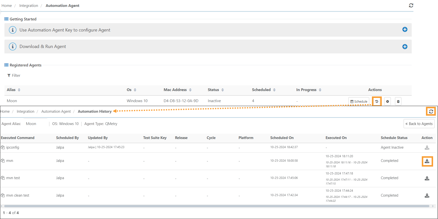 Screenshot of the Automation Agent page in QMetry showing the transition from Registered Agents to Automation History. The Automation History section lists executed commands with details such as scheduled by, executed on, schedule status (e.g., Completed, Agent Inactive), and an option to download logs.