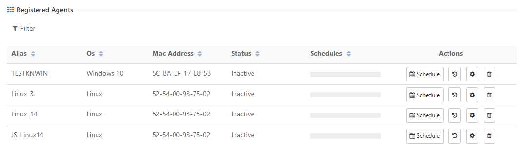 Screenshot of the Registered Agents table in QMetry showing agent alias, operating system, MAC address, status, schedules, and available actions.