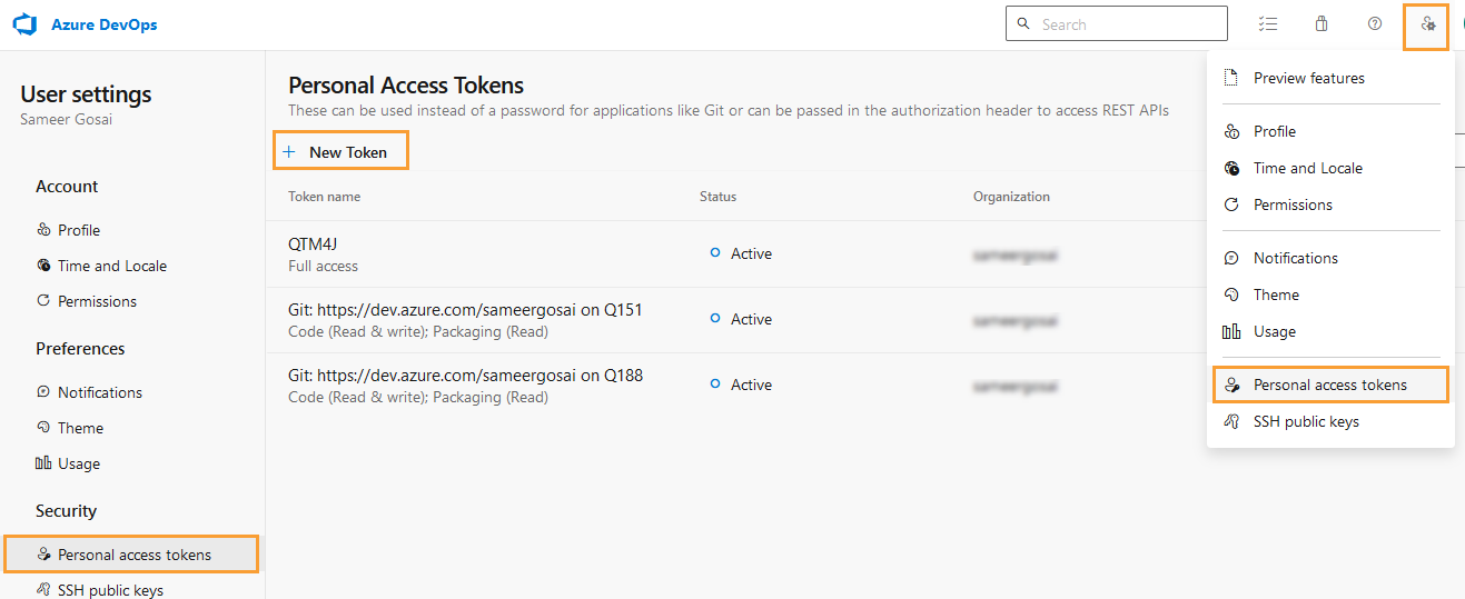 Azure DevOps User Settings screen showing the Personal Access Tokens section with the + New Token button highlighted and the navigation path to Personal access tokens from the user profile menu.