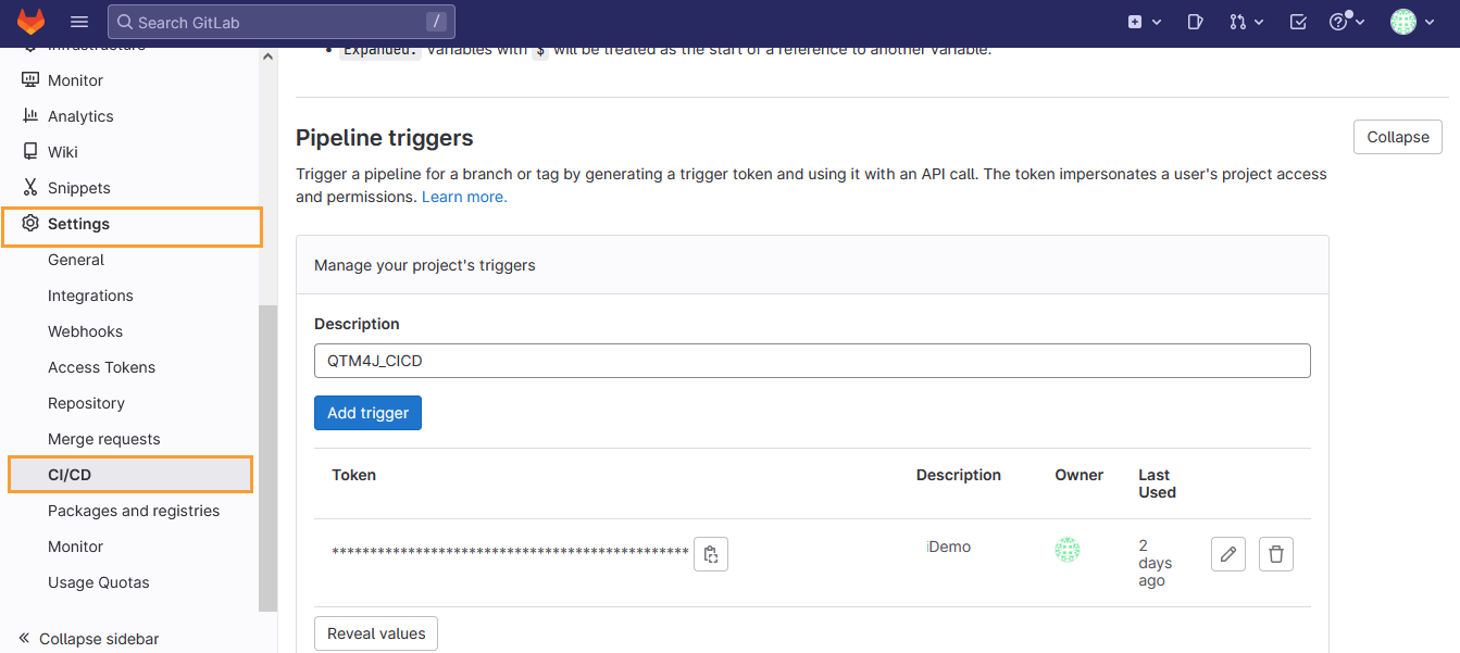 GitLab project settings under the CI/CD section showing the Pipeline triggers page where a new trigger named QTM4J_CICD is added with token, description, owner, and last used information.