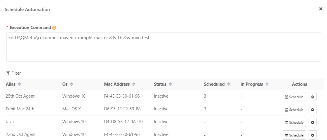Screenshot of the Schedule Automation dialog in QMetry showing an execution command field with a Maven test command and a list of registered agents with details such as alias, OS, MAC address, status, and actions.
