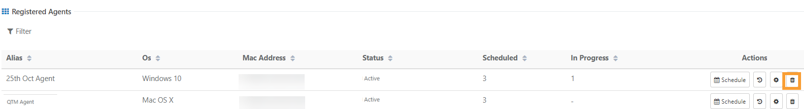 Screenshot of the Registered Agents table in QMetry showing the delete (trash bin) icon under the Actions column, used to remove an automation agent from the system.