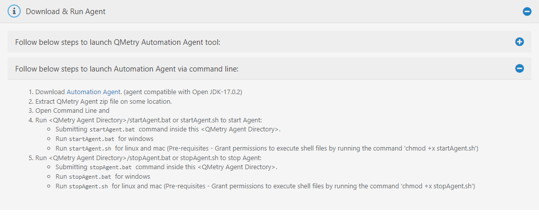 Screenshot of the “Download & Run Agent” section in QMetry showing detailed steps to download, extract, and run the Automation Agent via Linux or MacOS command line, including start and stop commands with prerequisite shell permission settings.