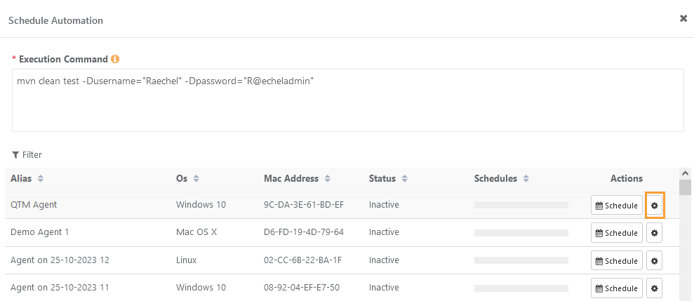 Screenshot of the Schedule Automation window in QMetry showing an execution command input field and a list of registered agents with details such as alias, OS, MAC address, status, schedules, and actions to schedule or manage tasks.