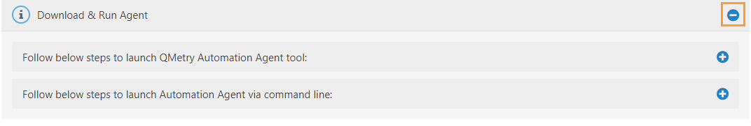 Screenshot of the “Download & Run Agent” section in QMetry showing expandable instructions to launch the Automation Agent via the Windows command line.