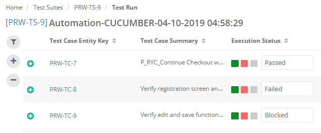 Screenshot of the Test Run page in QMetry showing execution results for test cases within a suite. The table lists test case entity key, summary, and execution status with outcomes such as Passed, Failed, and Blocked.