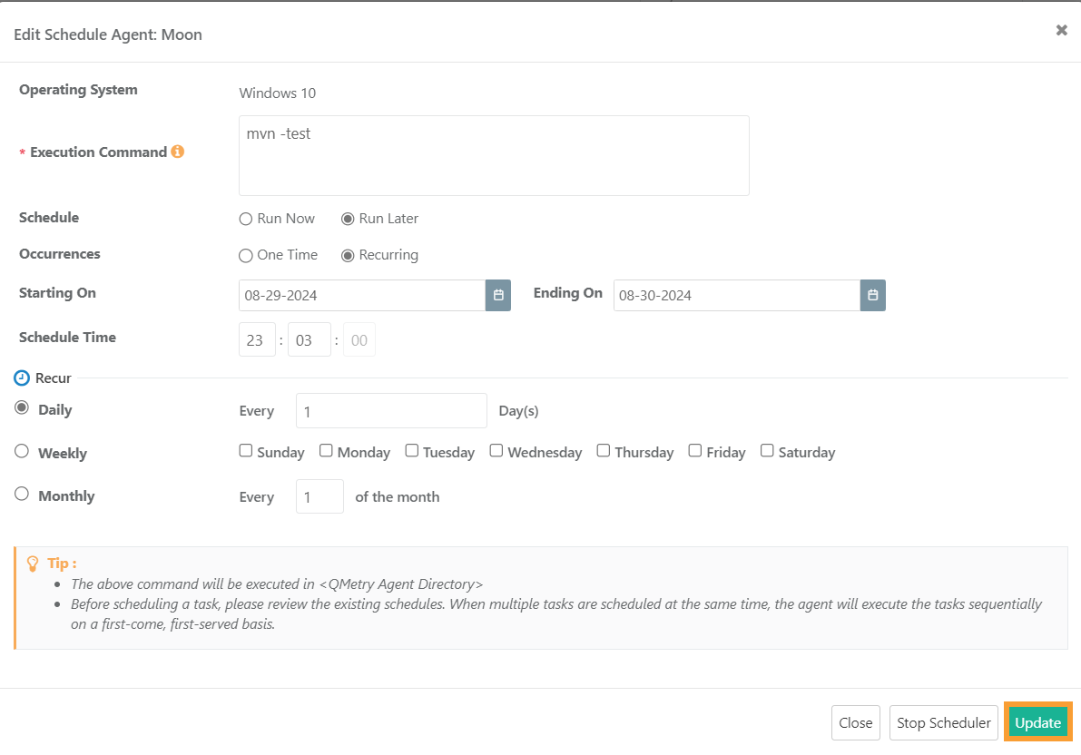 Screenshot of the Edit Schedule Agent window in QMetry showing execution command, Run Later with Recurring occurrence, start and end dates, schedule time, recurrence frequency, and the Update button highlighted.