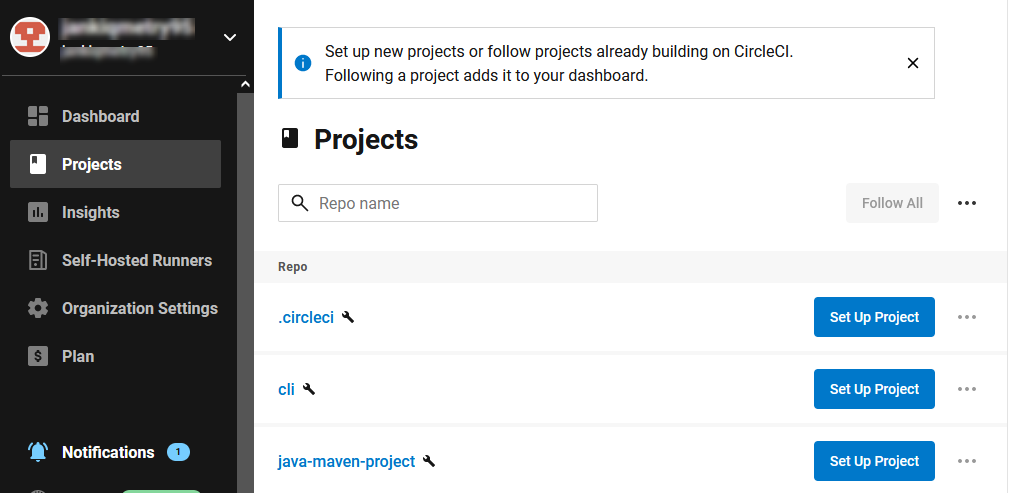 CircleCI Projects page showing a list of repositories with options to set up new projects or follow existing ones for builds.