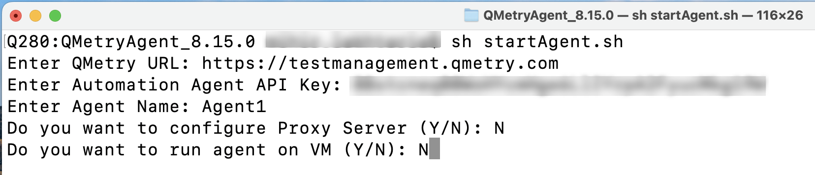 Screenshot of a MacOS terminal inside the QMetryAgent_8.15.0 directory showing the commands chmod +x startAgent.sh and chmod +x stopAgent.sh being executed to grant script permissions.