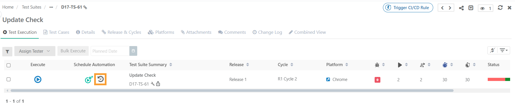Screenshot of the Test Execution screen in QMetry for the test suite "Update Check." The Schedule Automation column shows an icon to view automation history, with details including test suite summary, release, cycle, platform, execution statistics, and status.