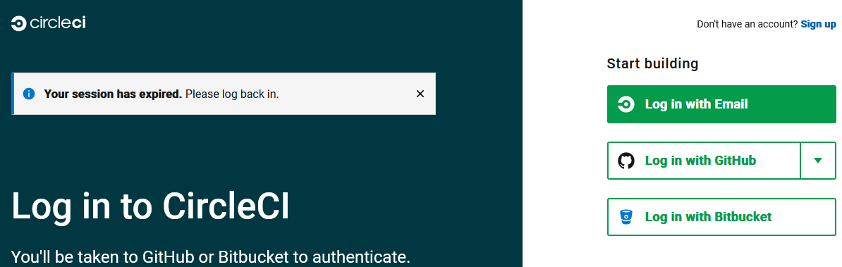 CircleCI login page showing session expiration message and authentication options through email, GitHub, or Bitbucket.