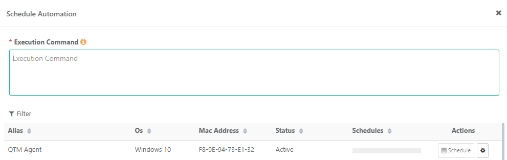 Screenshot of the Schedule Automation dialog in QMetry showing an empty execution command field with a list of registered agents and their details such as alias, OS, MAC address, status, and actions.