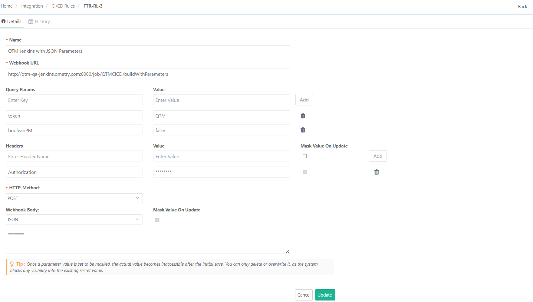 CI/CD Rule configuration screen showing Webhook URL, Query Params, Headers, HTTP Method, and Webhook Body set to JSON. Parameters include token=QTM and booleanPM=false.