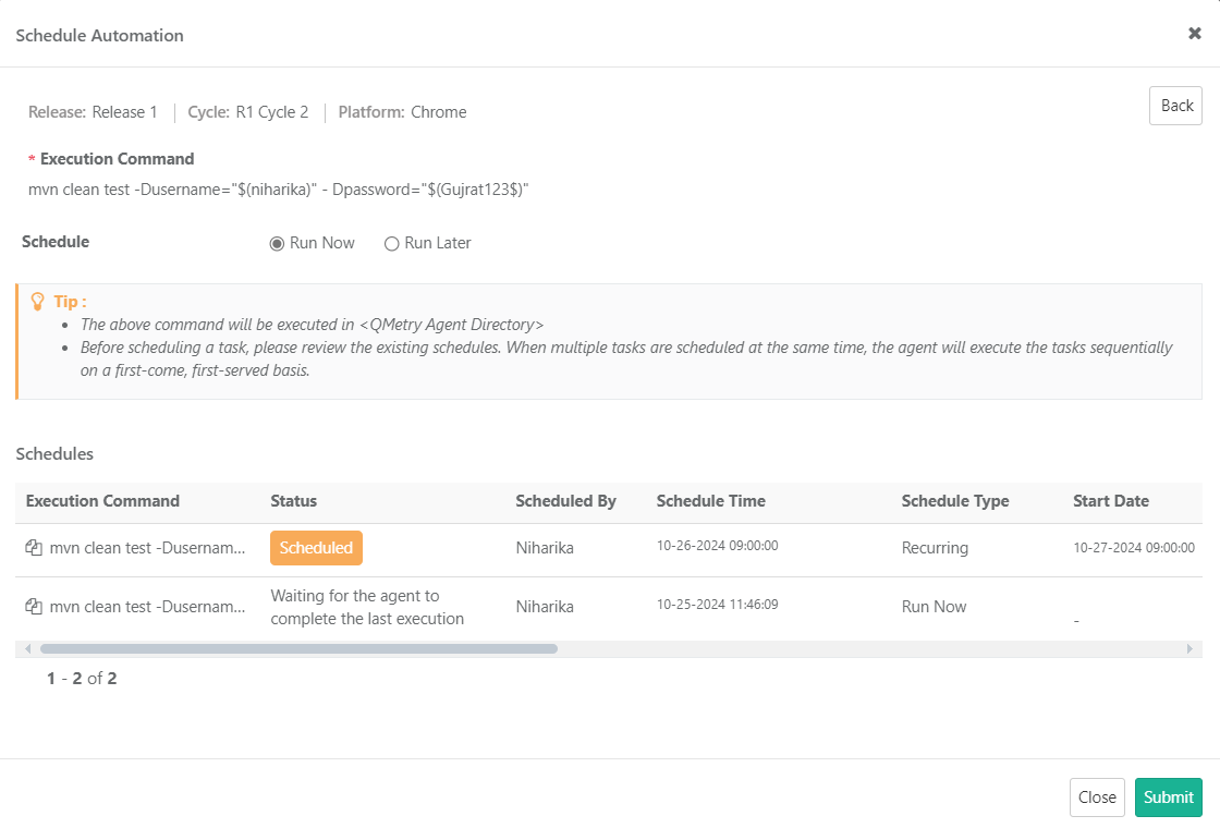 Screenshot of the Schedule Automation dialog in QMetry showing an execution command with options to run now or run later. The schedules list displays commands with statuses Scheduled and Waiting for the agent to complete the last execution.