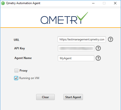 Screenshot of the QMetry Automation Agent configuration window with fields for URL, API Key, Agent Name, Proxy option, and Running on VM checkbox, along with Clear and Start Agent buttons.
