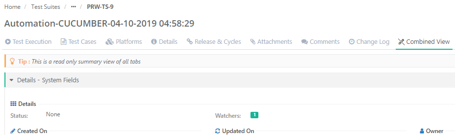 Screenshot of the Test Suites page in QMetry showing a combined view of a suite named “Automation-CUCUMBER-04-10-2019” with tabs for Test Execution, Test Cases, Platforms, Details, Release & Cycles, Attachments, Comments, and Change Log.