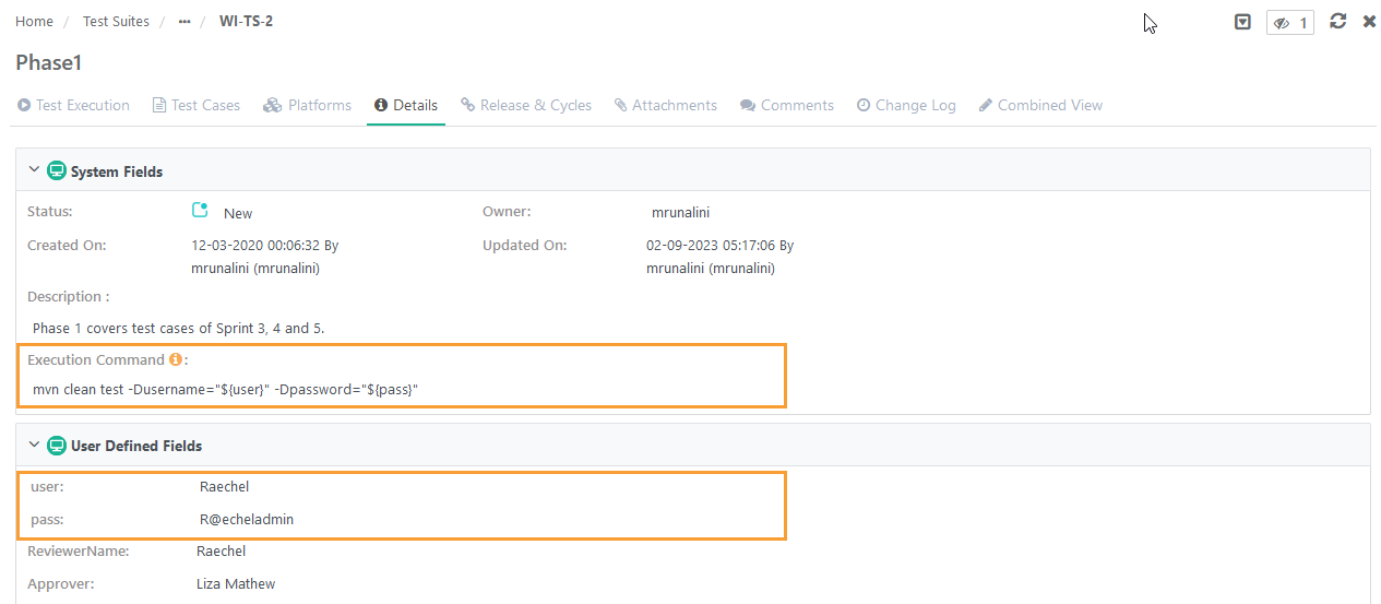 Test Suite details view showing system fields with an execution command and user-defined fields, including username and password values.