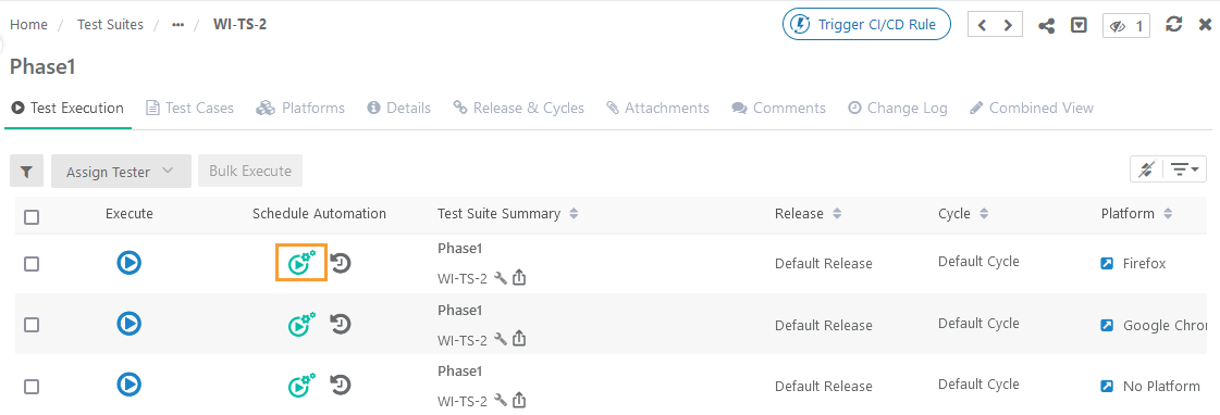 Screenshot of the Test Execution screen in QMetry showing a list of test suites with options to execute, schedule automation, view details, and platform assignments