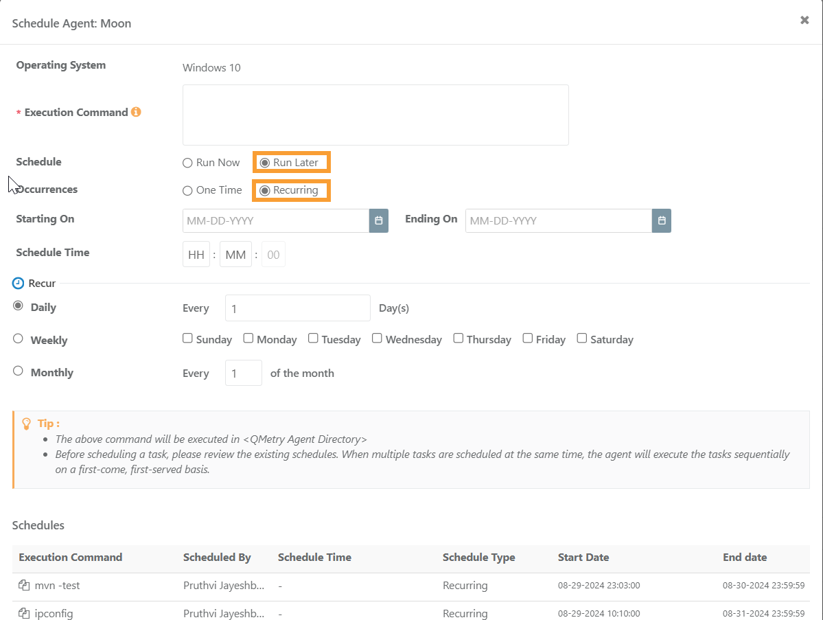 Screenshot of the Schedule Agent window in QMetry showing the “Run Later” option with “Recurring” selected. The interface includes options to configure recurrence as Daily, Weekly, or Monthly, along with start and end dates, schedule time, and recurrence frequency.