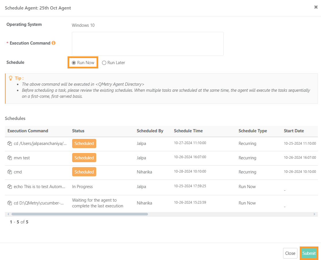 Screenshot of the Schedule Agent window in QMetry showing the option to enter an execution command, select “Run Now” or “Run Later,” and a list of existing schedules with their status, schedule type, and start date.