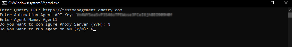Screenshot of Windows Command Prompt showing QMetry Automation Agent setup steps, including prompts for URL, API Key, Agent Name, Proxy Server, and VM option.