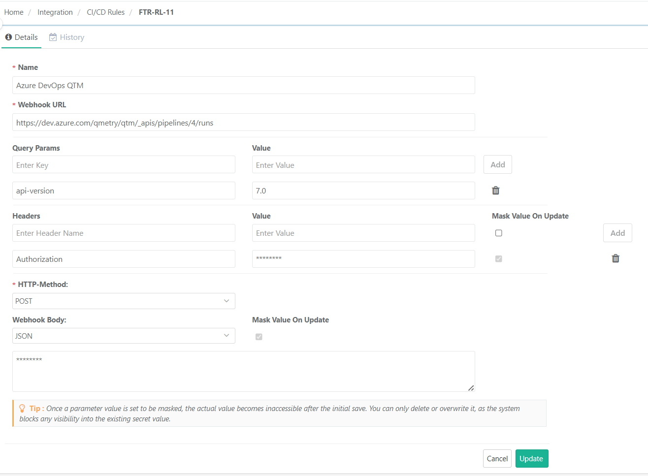 QMetry CI/CD Rule configuration screen for Azure DevOps showing a webhook URL, query parameter api-version set to 7.0, Authorization header, POST method, and JSON webhook body type.