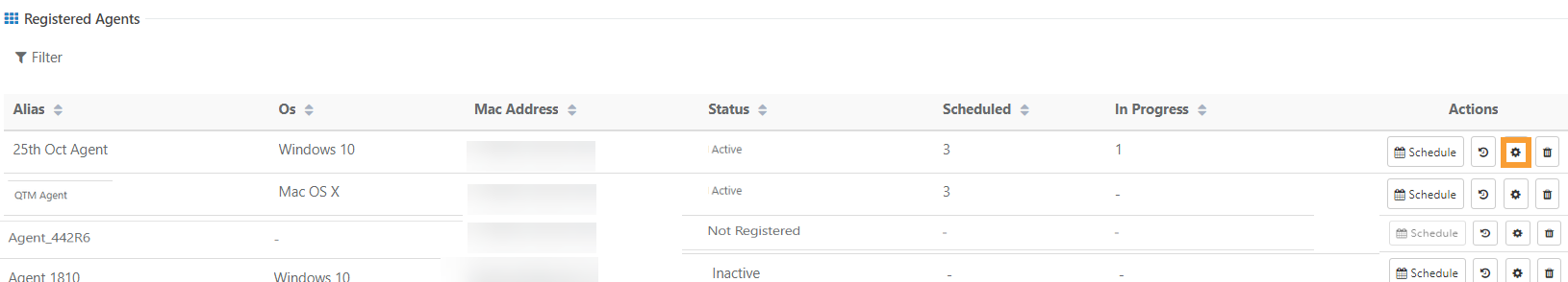 Screenshot of the Registered Agents table in QMetry highlighting the gear (settings) icon under the Actions column, used to manage an agent’s schedules.