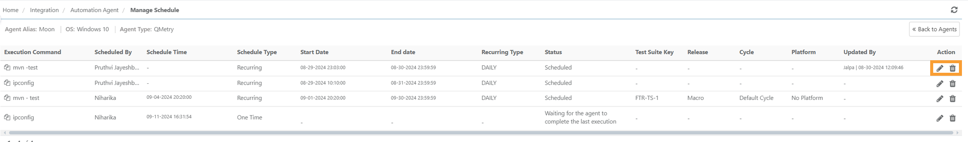 Screenshot of the Manage Schedule page in QMetry showing a list of scheduled tasks with details such as execution command, schedule type, start and end dates, status, and options to edit or delete schedules under the Action column.