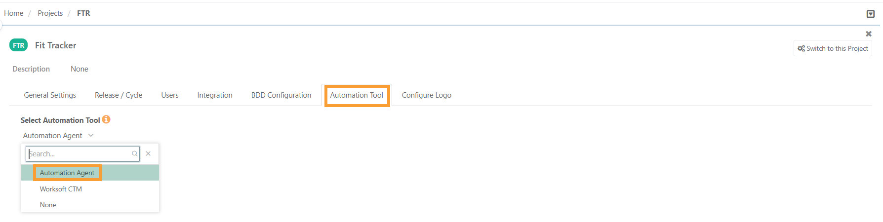 Project settings screen showing the Automation Tool tab with a dropdown menu where "Automation Agent" is selected.