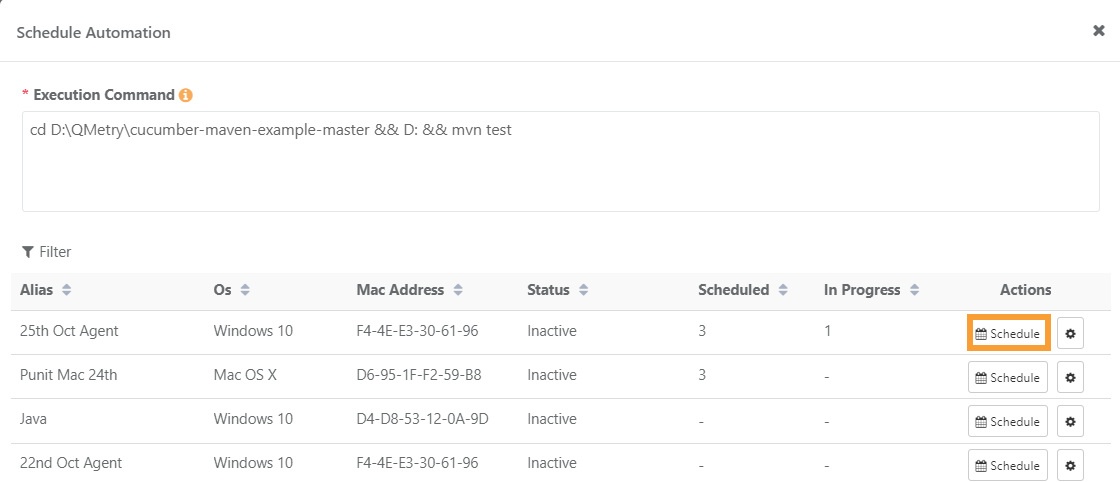 Screenshot of the Schedule Automation dialog in QMetry with an execution command entered and the Schedule button highlighted for an agent in the list.